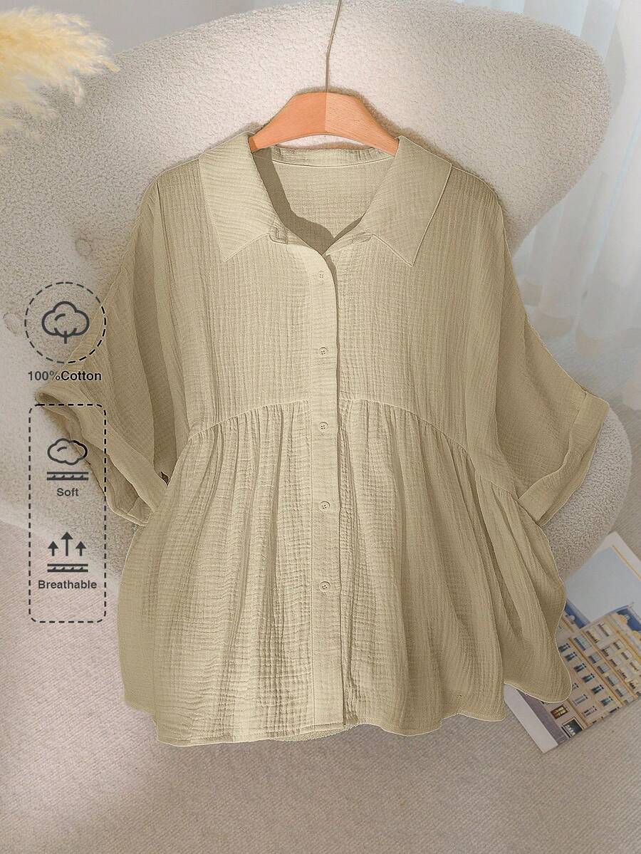 CosyJoli Plus Size Casual Solid Color Batwing Sleeve Shirt - Camel - View 1