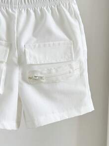 SHEIN 2件組 幼童男嬰童海軍藍與白色夏季休閒海灘套裝 無袖鈕扣領背心 & 工裝口袋短褲服裝套組 - 彩色 - 查看 7