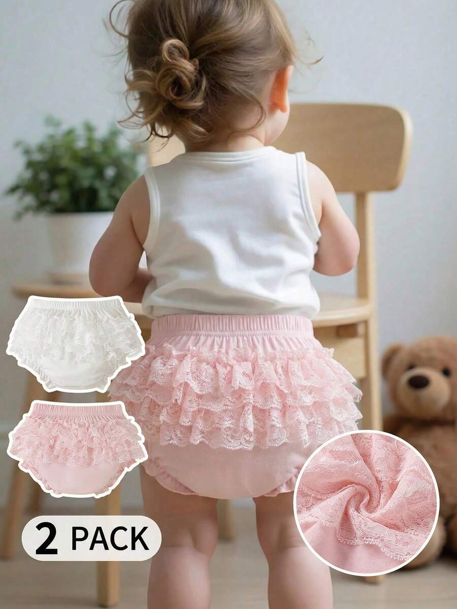 2件套女婴可爱优雅白色和粉色蕾丝网纱荷叶边灯笼裤短裤套装，春夏款 - 彩色 - 查看 1
