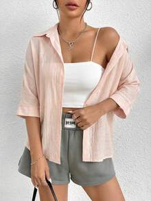 SHEIN PETITE Kemeja Lengan Panjang Minimalis Warna Polos untuk Wanita, Pakaian Kasual - Baby Pink - View 5