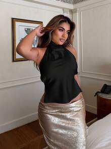 Maria Perezxox 杏色露背垂褶领女士吊带背心，性感优雅，春夏款 - 黑色 - 查看 5