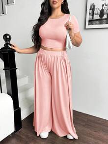 SHEIN Essnce Plus-Size Summer Women's Casual Suit, Wide-Leg Pant Suit,Summer Sets - Pink - View 6
