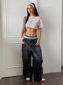 SHEIN Unity Camiseta de manga corta blanca de mujer con hombros descubiertos, recortada, con dobladillo deshilachado, oversize, versátil, de estilo Y2K, de moda y sexy, para primavera/verano - Rosa Pálido - Ver 7