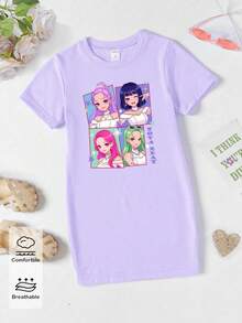 Spring & Summer Tween Girl Casual Fashionable Creative Personalized Refreshing Minimalist Cool Virtual Girl Group Colorful Pentagram Star Graphic Letter Slogan Print Casual Basic Short Sleeve T-Shirt Dress, Comfortable Outfit; Cozy Summer & Fall Tween Girl Atmosphere Outfit, Sets Girls Tshirt Dress Girls Dress Girls Clothes Kids Tshirt Dress Girls T-Shirt Dress Youth Girls Clothes Kids Clothes Ootd For Kids Girl - Khaki - View 4