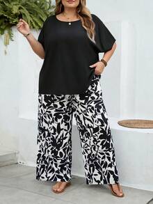 SHEIN CURVE+ Kích cỡ US22 (dành cho người có thân hình đầy đặn) Lễ hội âm nhạc, Kỳ nghỉ bên bờ biển, Phong cách Bohemia Bộ 2 món áo sơ mi rộng và quần họa tiết hoa nhí dành cho nữ, trang phục mùa hè - màu đen - Xem 7