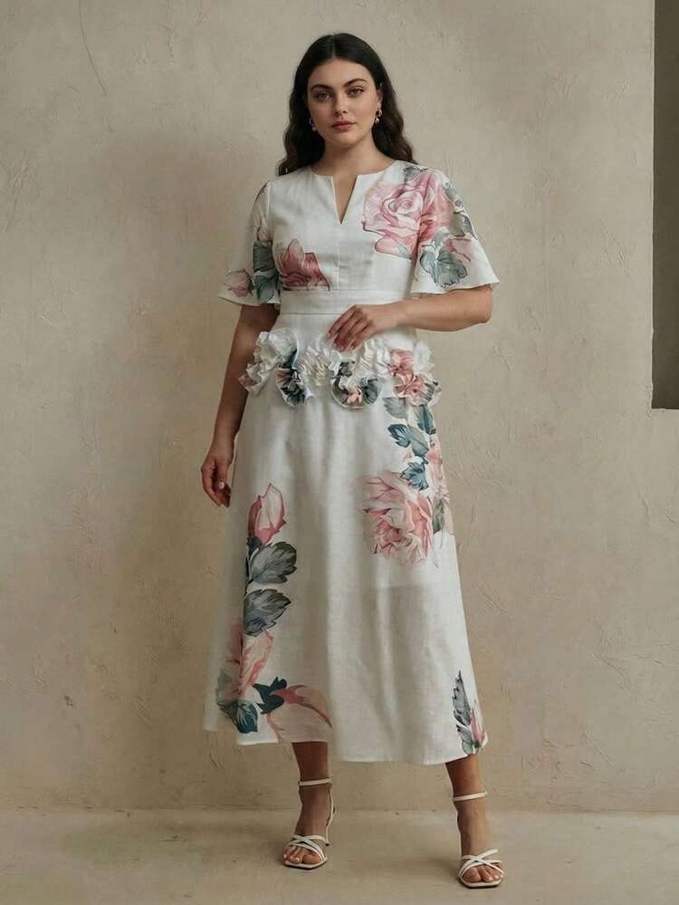 Anewsta Women's Elegant Multi-Color Floral Print Round Neck Short Sleeve A-Line Waist Cinched Long Dress, With Ruffle Lotus Hem Decor Adding Dynamic Layering, Romantic & Graceful, Suitable For Daily, Vacation, Wedding, Beach And Other Occasions, Plus Size