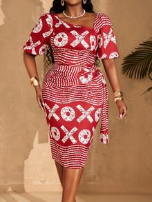 Lunelith SHEIN Lunessa 女士时尚条纹字母印花夏季连衣裙 - 紅色 - 查看 6