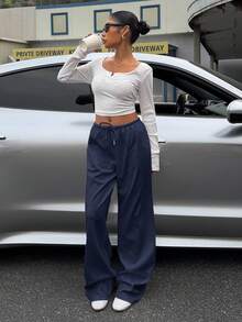 Muchica Navy Blue Knit Wide Leg Sweatpants For Women - Navy Blue - View 4