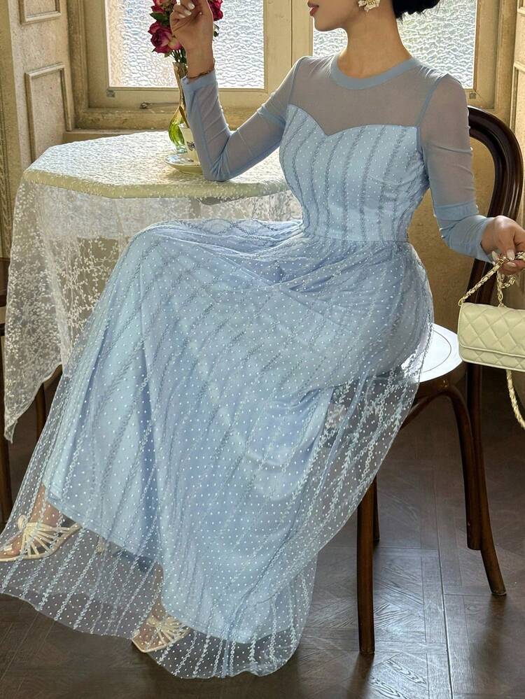 Women's Elegant Long Mesh Patchwork Round Neck Long Sleeve Dress