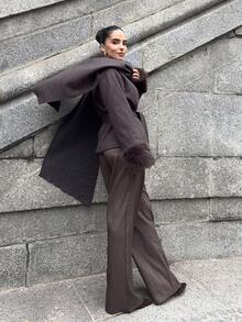 Marta Soriano 2025新款极简主义秋冬女士优雅披肩领大衣，秋冬棕色大衣，女士秋季大衣，棕色外套，女士冬季 - 棕色 - 查看 6