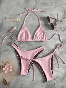 Swim Mod 女士 26SS 新款波点印花双面 V 领露背三角比基尼三件套，甜美海滩假日 - 彩色 - 查看 2