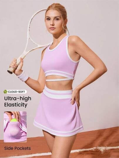 CourtClass Conjunto de tenis para mujer, conjunto rosa, traje deportivo de cintura alta estilizante, 2 piezas de ropa deportiva casual y falda de fitness