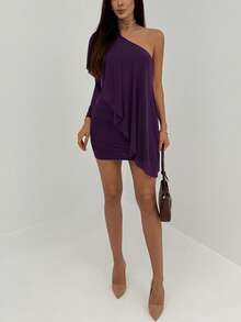 Vestido mini de un solo hombro de unicolor y sexy para mujer - Morado - Ver 4