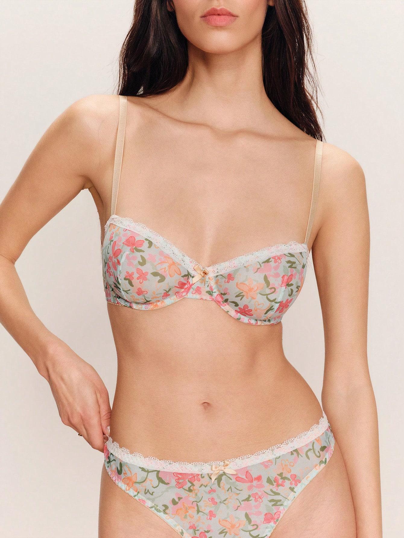 Blue Floral Mesh Lingerie Set With White Lace Detailing And A Matching Tanga Cute Push Up Bra And Panty Set Spring Summer French Style Parisian Style Push Up Lingerie Floral Bra Womens Lingerie Lingerie For Women