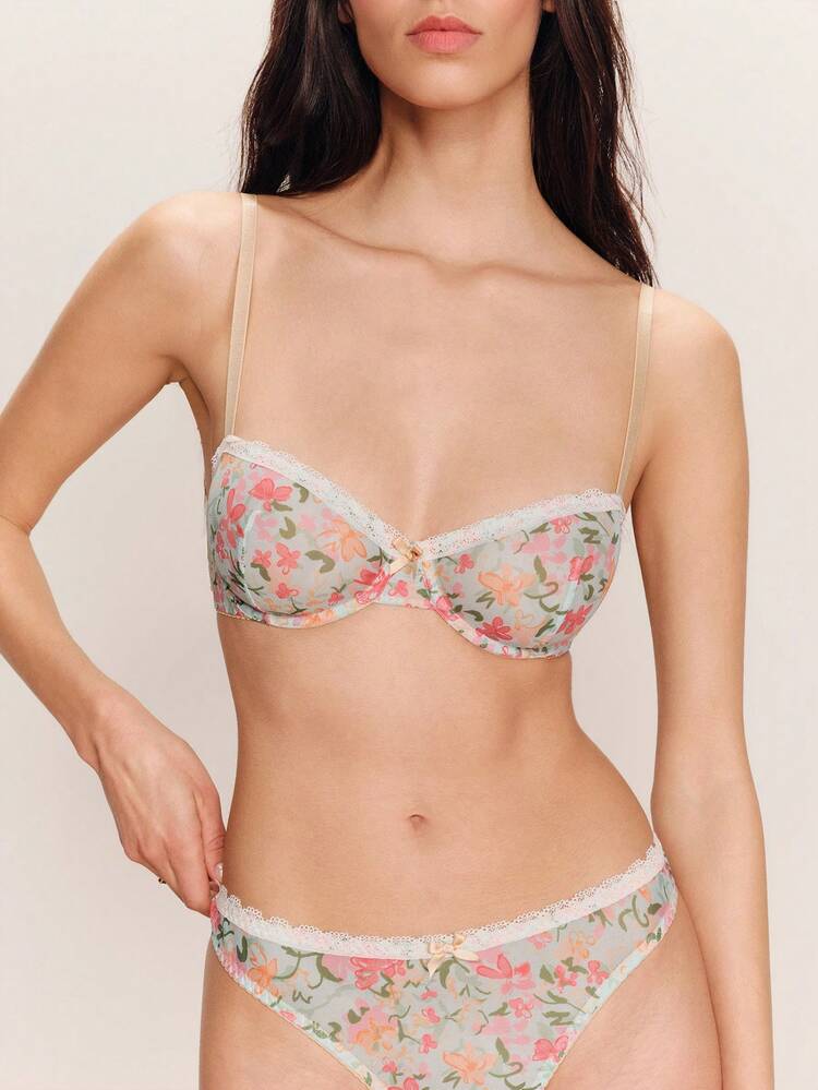 Blue Floral Mesh Lingerie Set With White Lace Detailing And A Matching Tanga Cute Push Up Bra And Panty Set Spring Summer French Style Parisian Style Push Up Lingerie Floral Bra Womens Lingerie Lingerie For Women