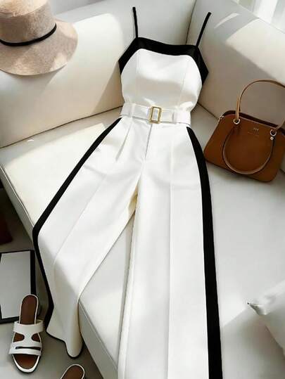 Franclia Women's Elegant Two-Piece Suit  Women's Commuter Suit Summer Two-Piece Suit Camisole With Wide-Leg Trousers White Suit Color Block Suit Women's Summer Outfit Suit Women's Elegant Suit Women's Casual Suit Women's Commuter Suit Formal Suit Black Trim Suit Backless Camisole Suit