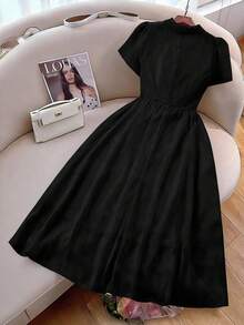 GlowEve CURVE Plus Size Spring/Summer Short Sleeve Jacquard Elegant French Lace Collar A-Line Dress For Women - Black - View 2