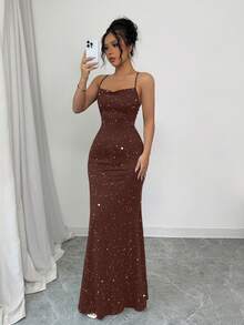 Selianne Đầm dự tiệc lấp lánh, thiết kế buộc dây, dành cho nữ. - Cà phê - Xem 4