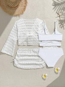 SHEIN 少女四件套泳衣，白色特殊网眼面料，适合夏季海滩、泳池和度假穿着。柔软舒适，2026春夏新款时尚，度假旅行必备夏季服饰 - 彩色 - 查看 2