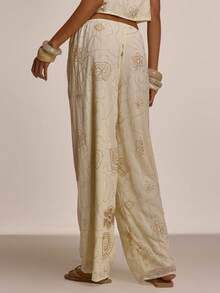 MUSERA Beaded Embellished Wide Leg Flowy Trousers Coord Bottoms Only Spring Summer Going Out Night Out Occasion Holiday Sexy Cute Embellished - Cream - View 5