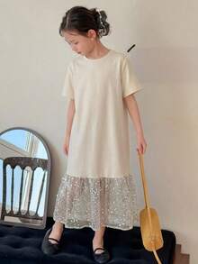 DAZY Tween Girls Round Neck Color Block Mid-Length Short Sleeve Dress Sun Dresses For Girl Summer - Beige - View 4