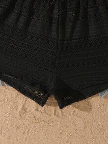 SHEIN Teen Girl Black Hollow Lace Beach Shorts,Summer New Breathable Sunscreen Cover Pants,Elastic Drawstring Waist,Holiday,Vacation,Fashionable Dressing - Black - View 4