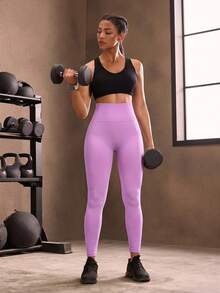 Powerista Seamless High Elasticity Solid Color Sports Leggings - Pink - View 8