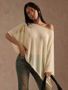 SHEIN BAE 女士纯色不对称下摆蝙蝠袖宽松衬衫 - 杏色 - 查看 5