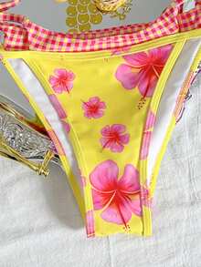 Swim Mod 2026新款女士夏季沙滩爆款可爱碎花撞色红色格子印花露背性感吊带三角泳裤休闲泳衣比基尼 - 彩色 - 查看 9