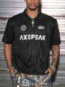 AXEPEAK Camisa polo de manga corta con estampado de letras casual para hombre, verano - Negro - Ver 7