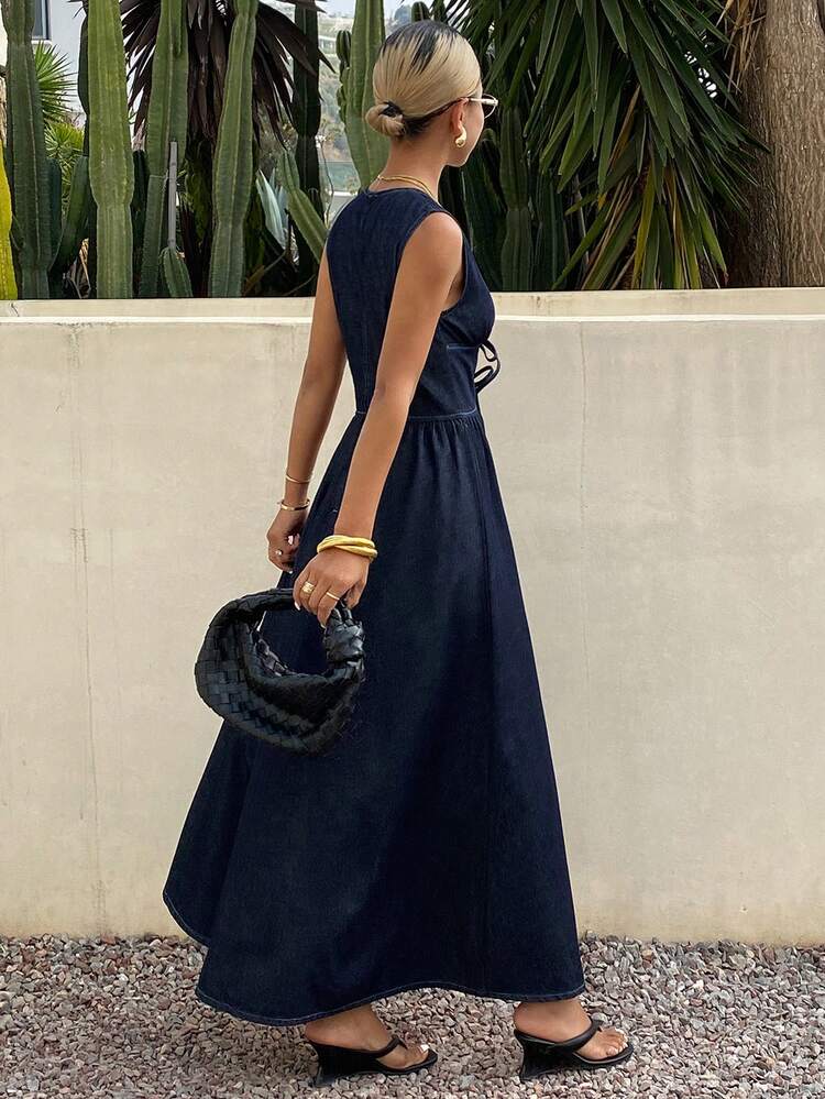 Women's Solid Color A-Line Tie Waist Bow V-Neck Sleeveless Casual Vacation Maxi Dress, Summer Denim Dress