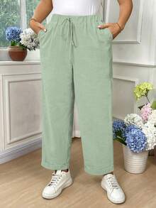 EMERY ROSE 大码女式纯色休闲棉质翻边裤 - Fresh Green - 查看 3