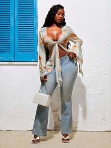 Radiana 大码女装春夏时尚休闲性感扎染印花透视网纱喇叭袖上衣 - 彩色 - 查看 6