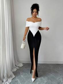 Selianne Đầm trễ vai xếp ly gợi cảm phối màu tương phản, đầm dài không tay cho nữ, đầm dự tiệc trễ vai, đầm cao cấp bán online, đầm dạ hội, đầm thanh lịch cho nữ, đầm dạ hội đen trắng cho nữ, đầm nữ - Đen và trắng - Xem 4