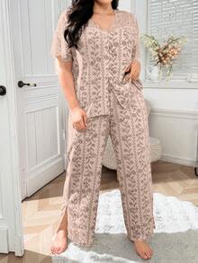 CottageSlumber Wisteria Floral Lace Patchwork Sheer Shoulder Pajama Set, Plus Size - Pink - View 5
