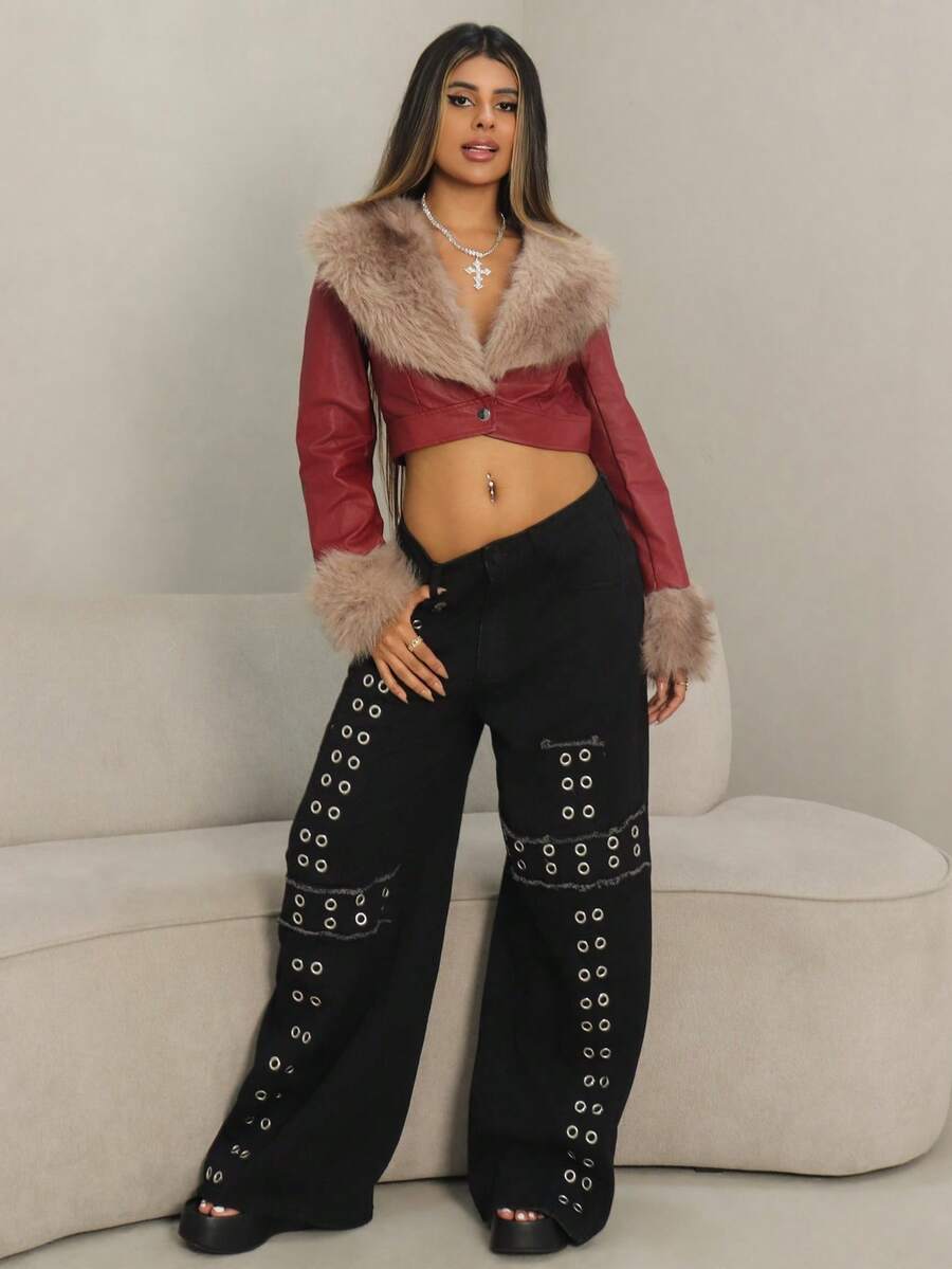 Rayane Ketlyn Kpop朋克金属铆钉十字刺绣宽松阔腿低腰牛仔裤 - 黑色 - 查看 1