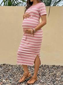 SHEIN Maternity Striped Round Neck Short Sleeve Side Slit Hem Casual Dress - Pink - View 5