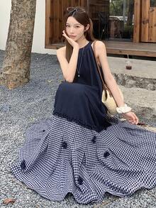 DAZY Đầm hè không tay phối màu tương phản dành cho nữ, kiểu dáng thường ngày, thích hợp mặc đi biển. - Màu xanh hải quân - Xem 5