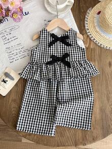 SHEIN LMoss Kids 女婴格子蝴蝶结装饰荷叶边上衣和裤子休闲套装 - 黑與白 - 查看 4