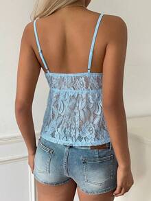 CovetEZ 女士休闲新款纯色甜美休闲优雅蕾丝吊带背心，夏季时尚吊带上衣，蓝色上衣 - 藍色 - 查看 2