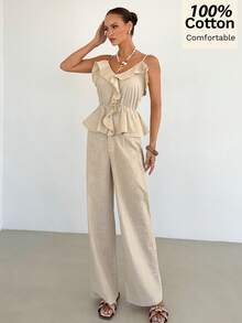 Siren Gaze Conjunto de 2 piezas de camiseta de tirantes con volantes de algodón nuevo para mujer, primavera/verano - Albaricoque - Ver 4