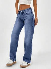 CasuGlow 100% Cotton LOW RISE  STRAIGHT FIT VINTAGE WASH Y2K STYLE JEAN - Navy Blue - View 6