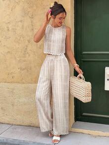 Serisse Women's Striped Crew Neck Sleeveless Top And Pants 2 Pieces Set, Vacation - Apricot - View 4