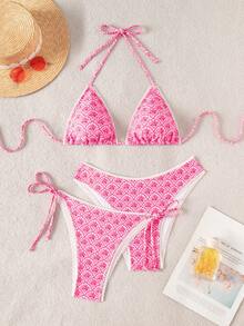 Swim Vcay White Floral Summer Boho Geometric Print Halter Bikini Set,Knitted Fabric Backless Tropical Swimsuit For Beach Vacation,Pool Party & Holiday - Multicolor - View 1