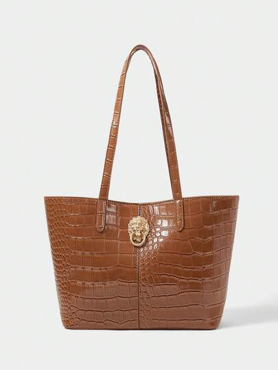 SHECARRY Brown Alligator Embossed PU Tote Bag, Commuter Versatile Large-Capacity Women's Shoulder Bag.