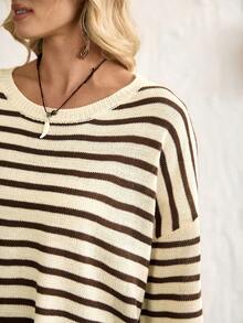 Breezaya Casual Coffee Brown Striped Rib-Knit Pullover Sweater For Women Long Asymmetrical Hem Round Neck Drop Shoulder Three Quarter Sleeve - Coffee Brown - View 5