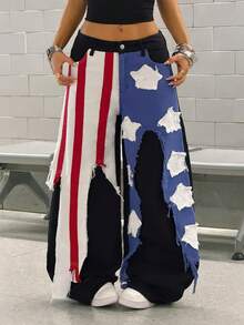 StreetHx 女士宽松阔腿休闲牛仔裤，饰有美国国旗图案 - 黑色 - 查看 3