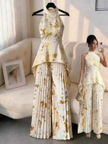 SHEIN Elenzya Spring And Summer New Style: A Non-Repeating, Irregular-Cut Off-Shoulder Top With A Beige Base And Gold Foil Embellishments, Paired With A High-Waisted Pleated Wide-Leg Pants. This Two-Piece Set Has An Extremely Strong Draping Effect. The Ink Wash Print And The Gold Foil Technique Give It A Glossy Finish And An Extremely High-End Look. The Pleated Pants Have A Crisp And Stylish Design, Are Not Prone To Wrinkling, And Have A Good Draping Effect. It Is Suitable For Formal Occasions Such As Dinners - Apricot - View 7