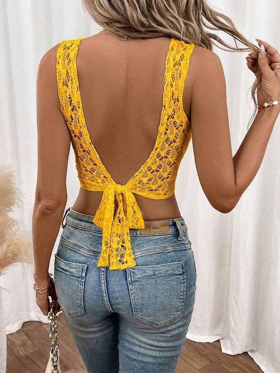 SHEIN Frenchy 女士纯色圆领休闲百搭日常上衣 - 黃色 - 查看 1