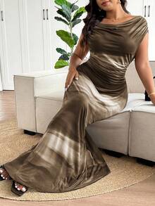 Lounesse Plus Size Elegant Tie Dye Print Maxi Fishtail Dress,Formal Dresses For Women - Chocolate Brown - View 4